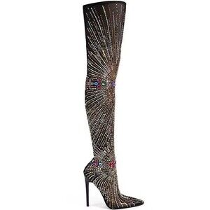 Azaela Wang Chavelle Boots in Black Size 7 NEW pointy toe stiletto jeweled Thigh